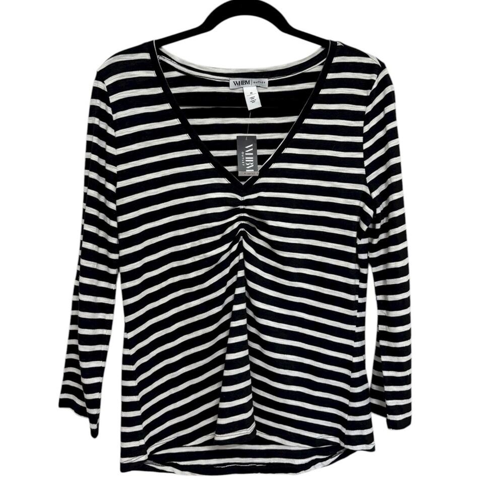 NEW WHBM Outlet Bracelet Sleeve V-Neck Tee in Black and White Stripe - Size M